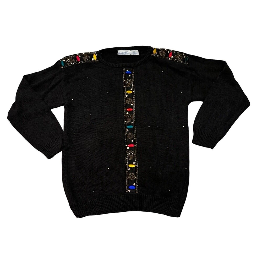 VTG Midnight Blues Sweater Womens 6P Black Colorful 80s Bling Holiday Granny